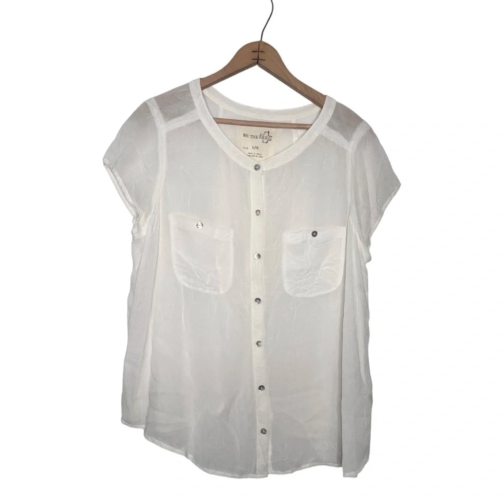 Free People We The Free White Sheer Short Sleeve Button Down Shirt Size Large
